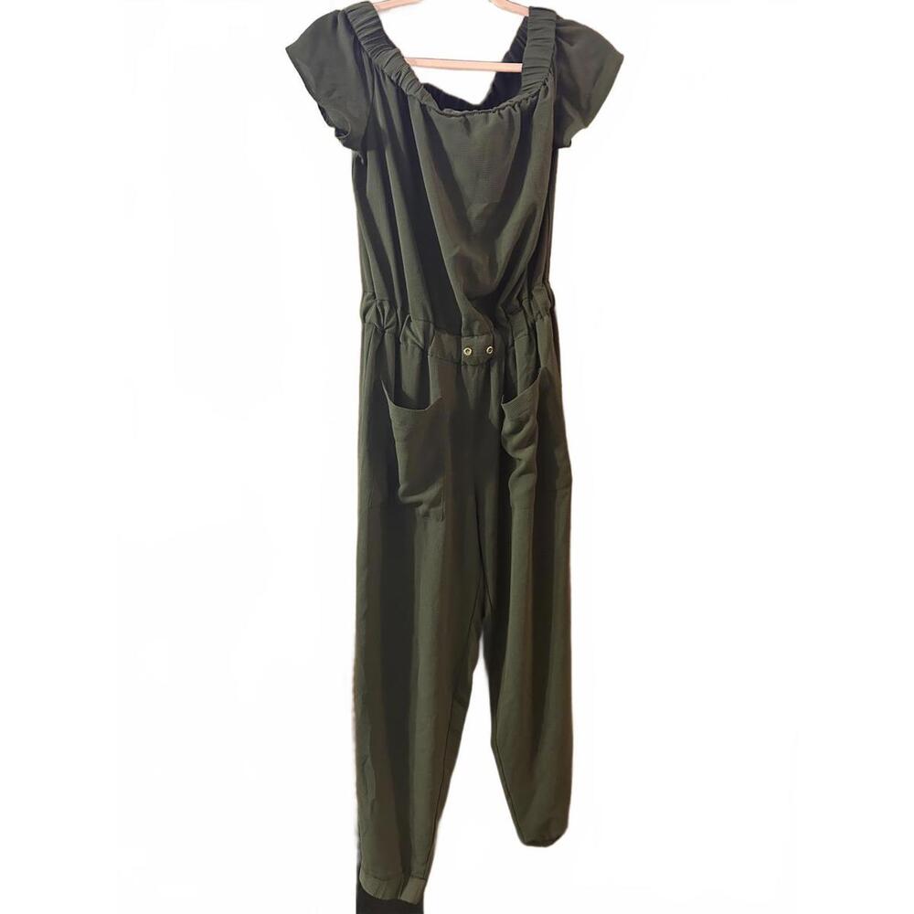 Michael Kors Olive Green Off Shoulder Jumpsuit - Size M